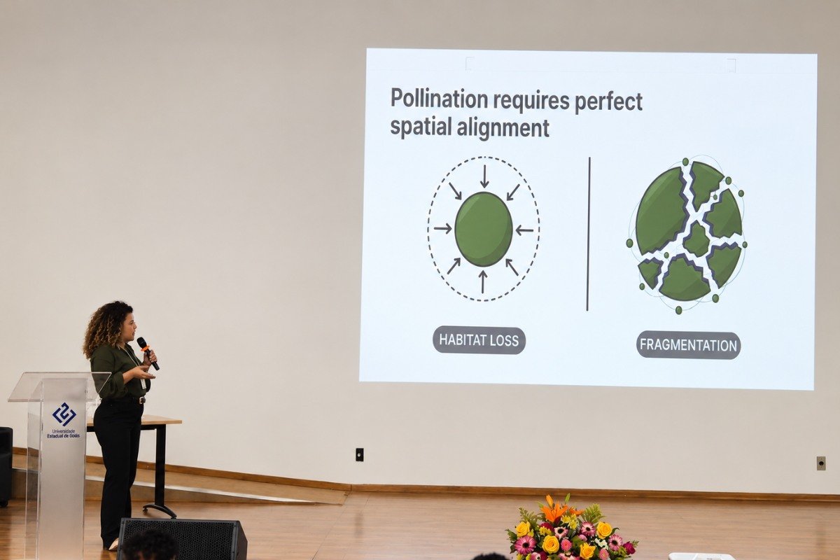 Slide sobre habitat loss e fragmentation durante apresentação científica